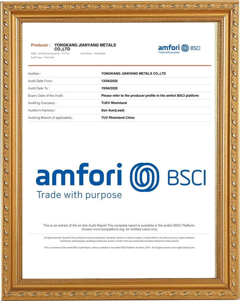 Yongkang Jianyang Metals BSCI Social Audit Certificate
